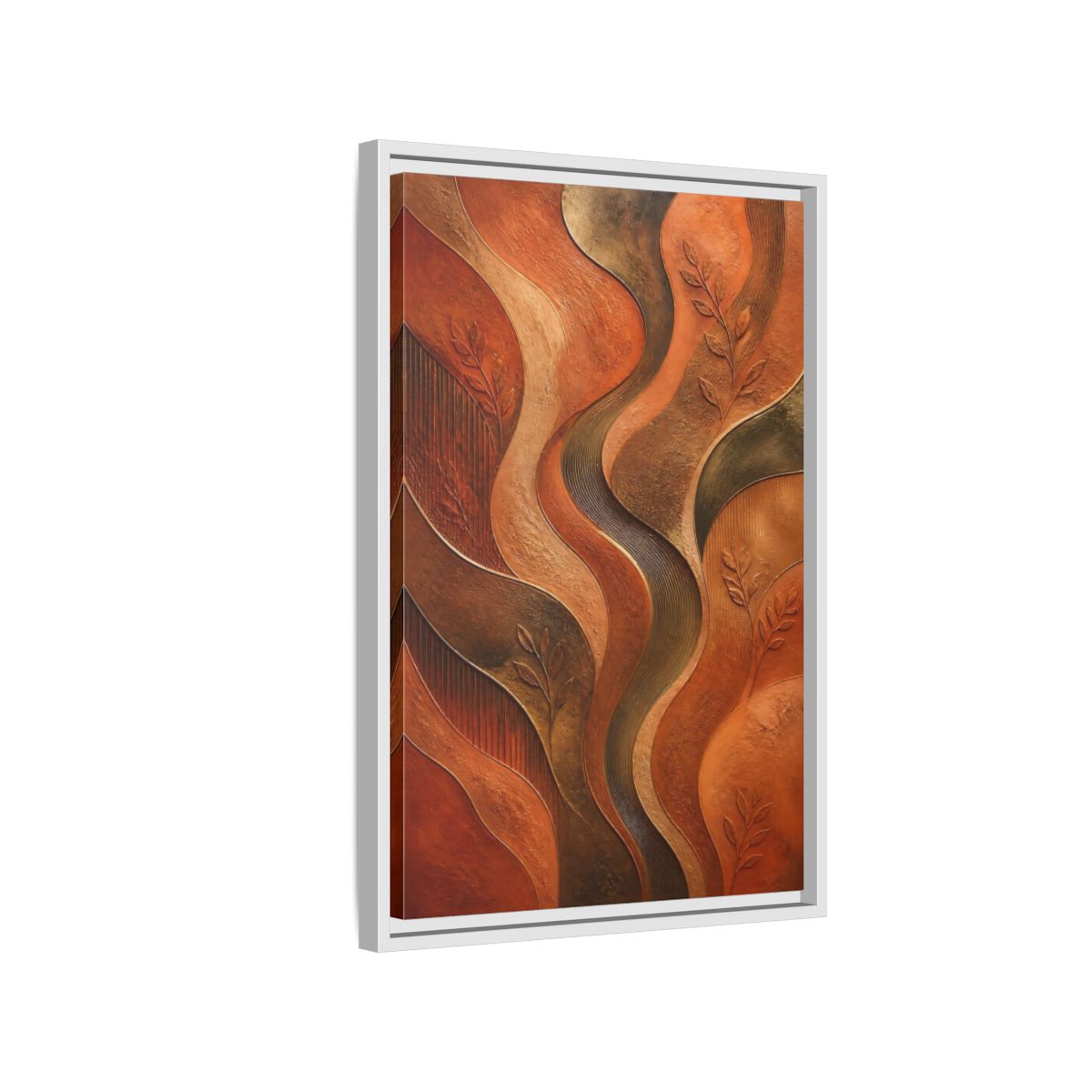Side Mockup 1. Nature Abstract Foliage Bronze And Terracotta shown as stretched canvas wall art