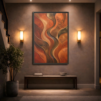 Mockup 2. Nature Abstract Foliage Bronze And Terracotta shown as stretched canvas wall art