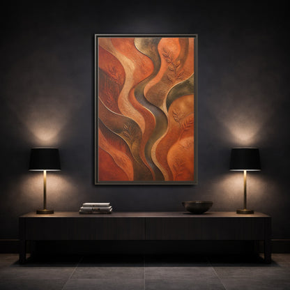 Mockup 3. Nature Abstract Foliage Bronze And Terracotta shown as stretched canvas wall art