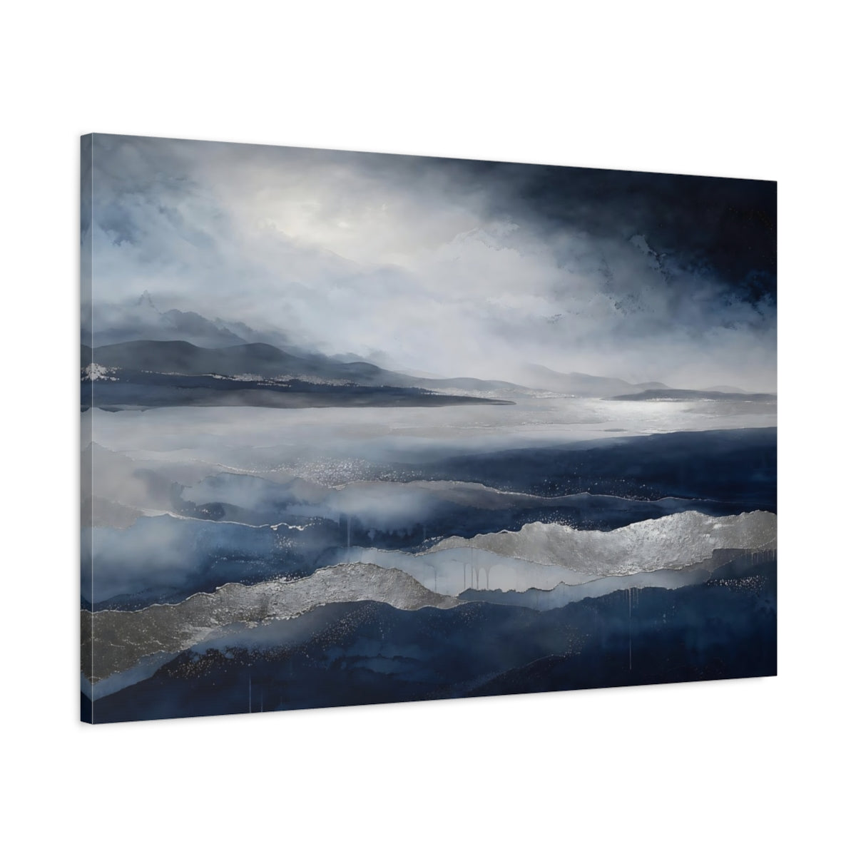 Main Mockup. Nature Abstract Landscape Blue And Silver shown as stretched canvas wall art