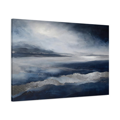 Main Mockup. Nature Abstract Landscape Blue And Silver shown as stretched canvas wall art