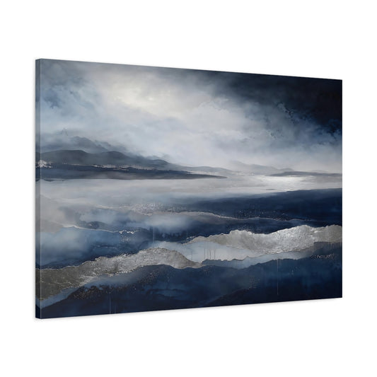 Main Mockup. Nature Abstract Landscape Blue And Silver shown as stretched canvas wall art