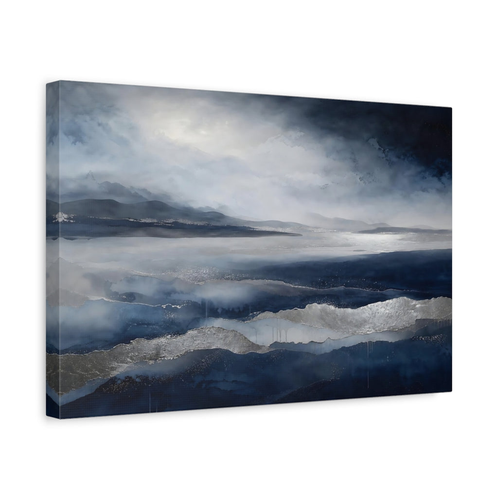 Side Mockup 4. Nature Abstract Landscape Blue And Silver shown as stretched canvas wall art