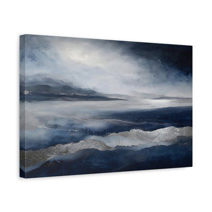 Side Mockup 4. Nature Abstract Landscape Blue And Silver shown as stretched canvas wall art