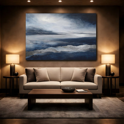 Mockup 2. Nature Abstract Landscape Blue And Silver shown as stretched canvas wall art
