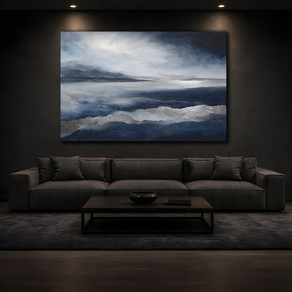 Mockup 3. Nature Abstract Landscape Blue And Silver shown as stretched canvas wall art