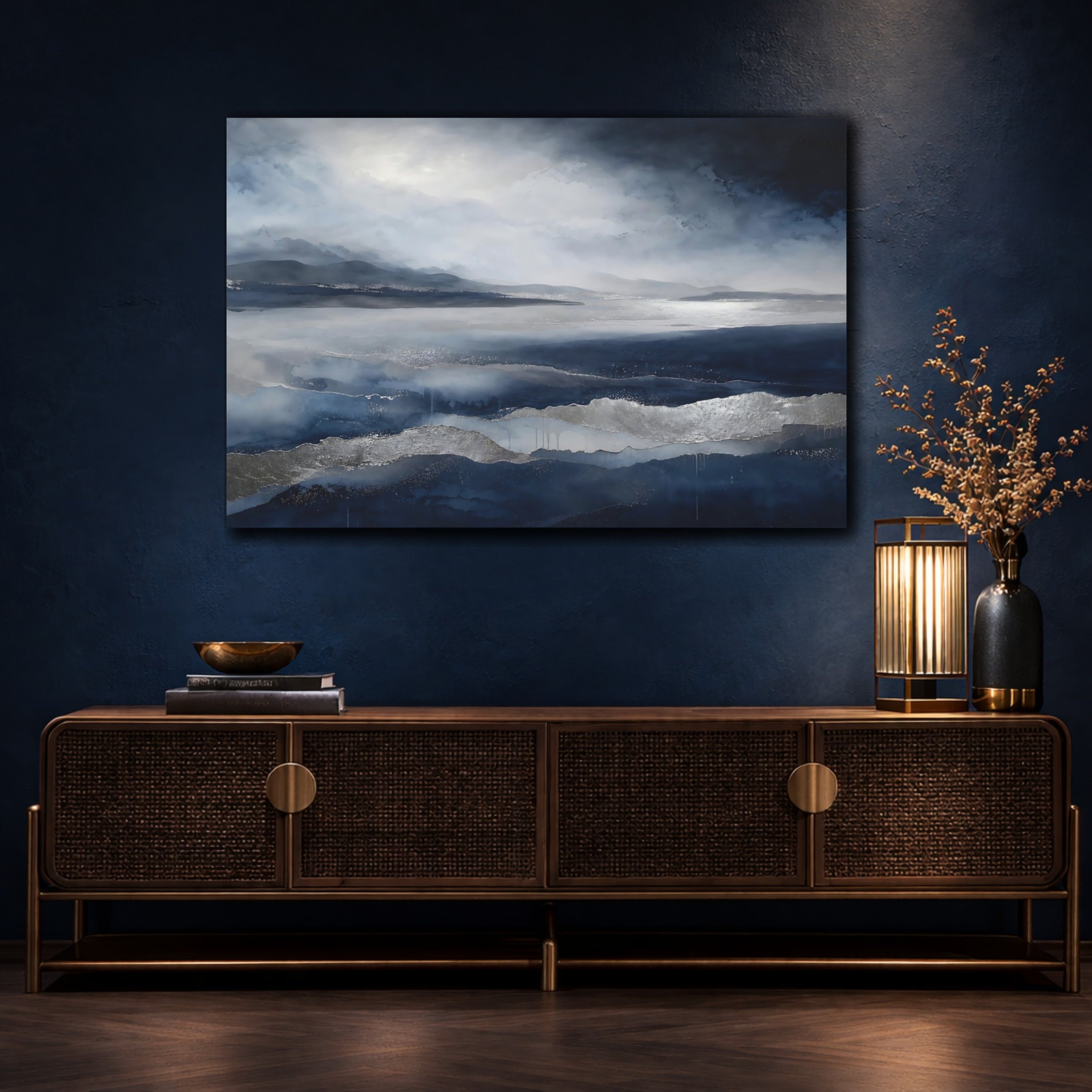 Mockup 4. Nature Abstract Landscape Blue And Silver shown as stretched canvas wall art