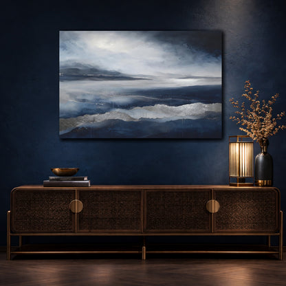 Mockup 4. Nature Abstract Landscape Blue And Silver shown as stretched canvas wall art