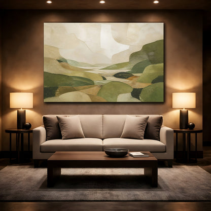 Mockup 2. Nature Abstract Landscape Green And Beige shown as stretched canvas wall art