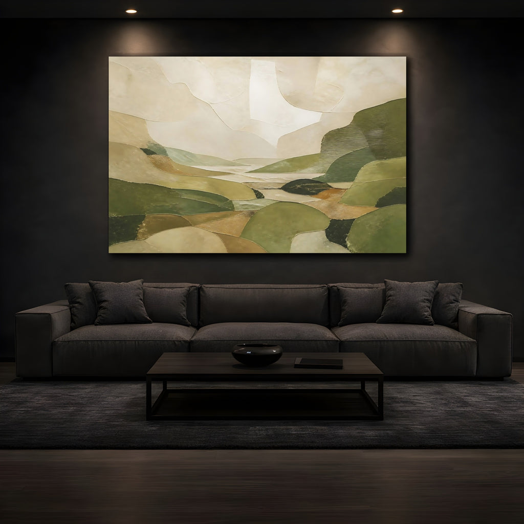 Mockup 3. Nature Abstract Landscape Green And Beige shown as stretched canvas wall art