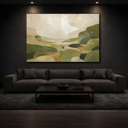 Mockup 3. Nature Abstract Landscape Green And Beige shown as stretched canvas wall art
