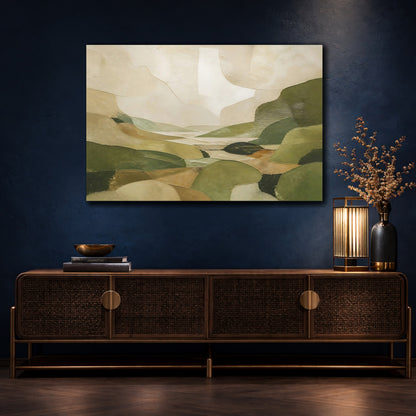 Mockup 4. Nature Abstract Landscape Green And Beige shown as stretched canvas wall art