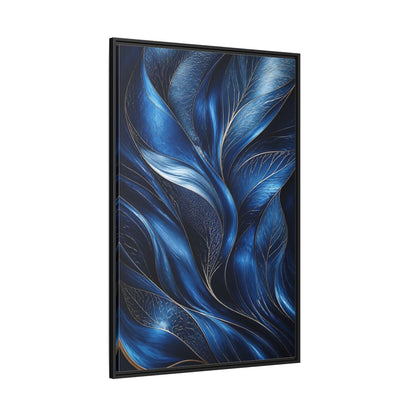 Side Mockup 12. Nature Abstract Leaves Blue And Gold shown as stretched canvas wall art