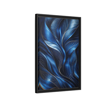 Side Mockup 3. Nature Abstract Leaves Blue And Gold shown as stretched canvas wall art