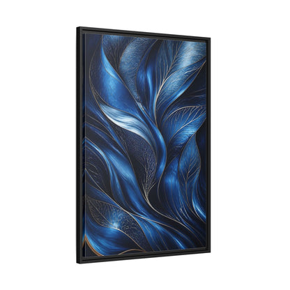Side Mockup 13. Nature Abstract Leaves Blue And Gold shown as stretched canvas wall art