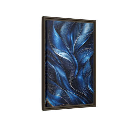 Side Mockup 2. Nature Abstract Leaves Blue And Gold shown as stretched canvas wall art