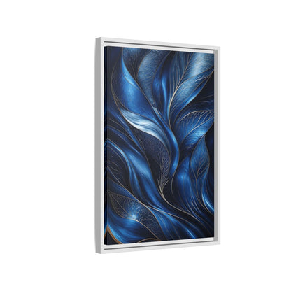 Side Mockup 1. Nature Abstract Leaves Blue And Gold shown as stretched canvas wall art