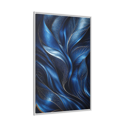 Side Mockup 7. Nature Abstract Leaves Blue And Gold shown as stretched canvas wall art