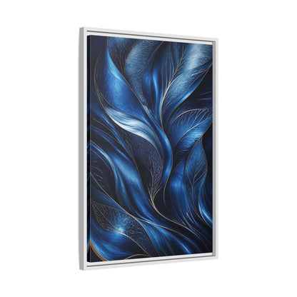 Side Mockup 10. Nature Abstract Leaves Blue And Gold shown as stretched canvas wall art