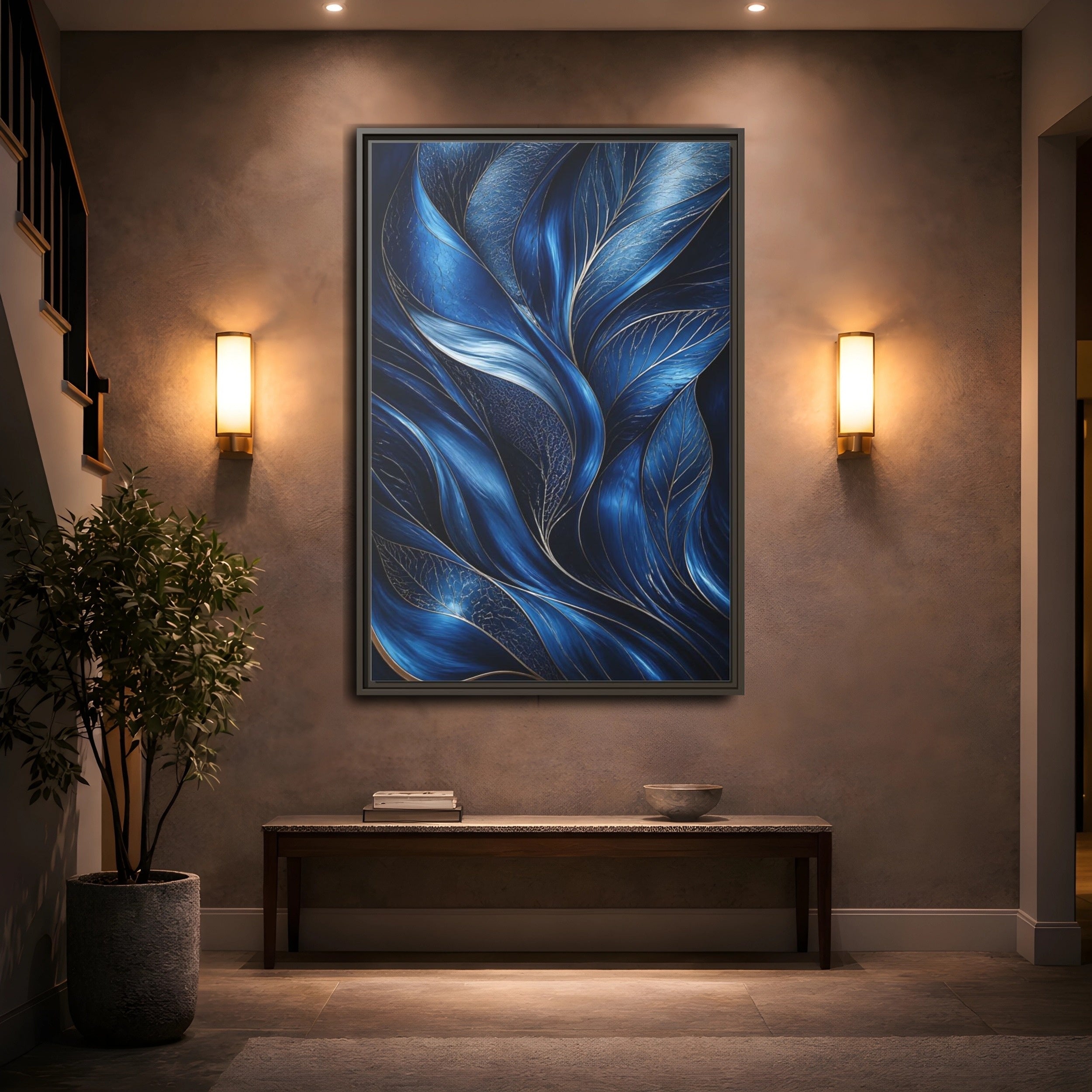 Mockup 2. Nature Abstract Leaves Blue And Gold shown as stretched canvas wall art