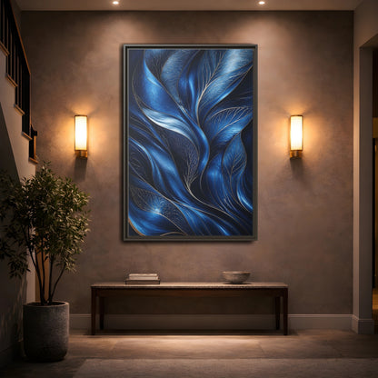 Mockup 2. Nature Abstract Leaves Blue And Gold shown as stretched canvas wall art