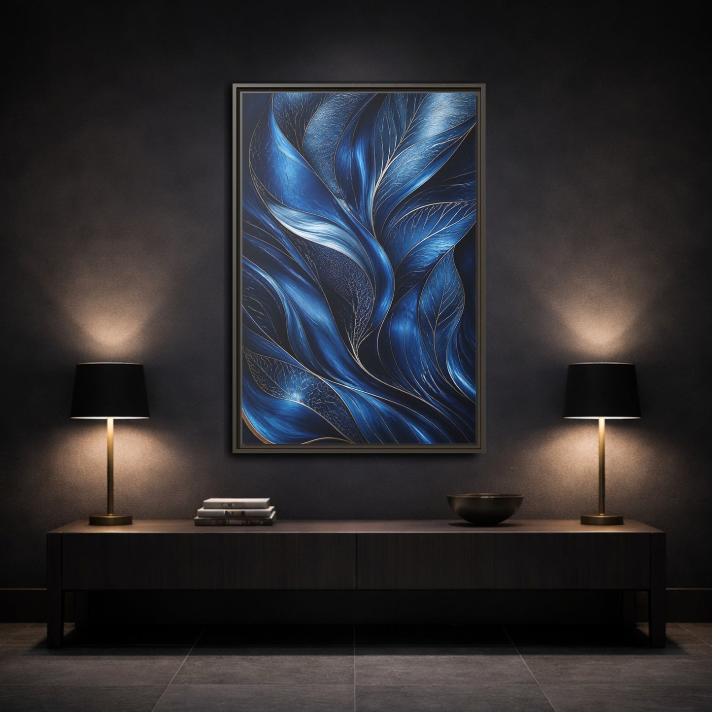 Mockup 3. Nature Abstract Leaves Blue And Gold shown as stretched canvas wall art