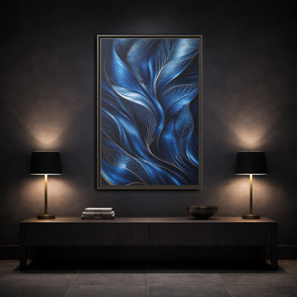 Mockup 3. Nature Abstract Leaves Blue And Gold shown as stretched canvas wall art