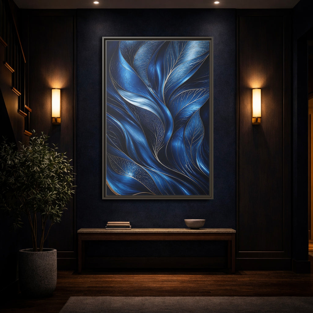 Mockup 4. Nature Abstract Leaves Blue And Gold shown as stretched canvas wall art