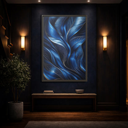 Mockup 4. Nature Abstract Leaves Blue And Gold shown as stretched canvas wall art