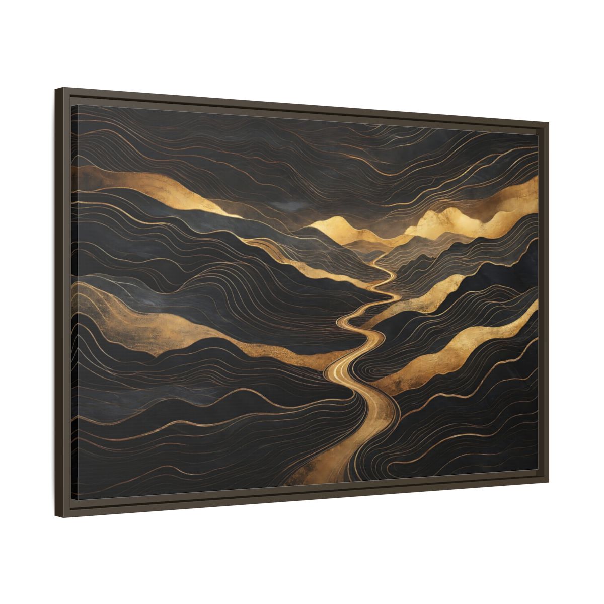 Main Mockup. Nature Abstract Mountains Black And Gold shown as stretched canvas wall art