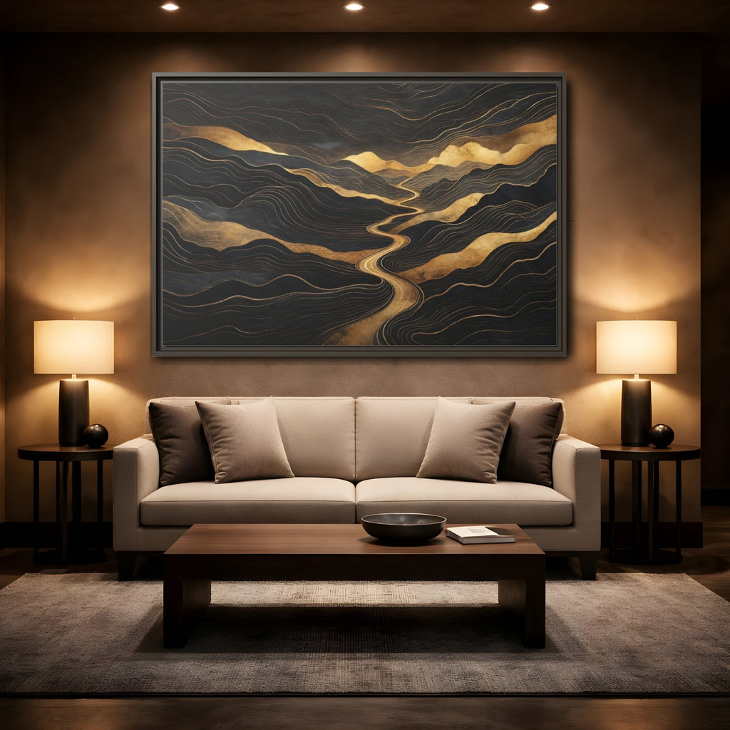Mockup 2. Nature Abstract Mountains Black And Gold shown as stretched canvas wall art