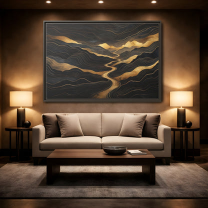 Mockup 2. Nature Abstract Mountains Black And Gold shown as stretched canvas wall art