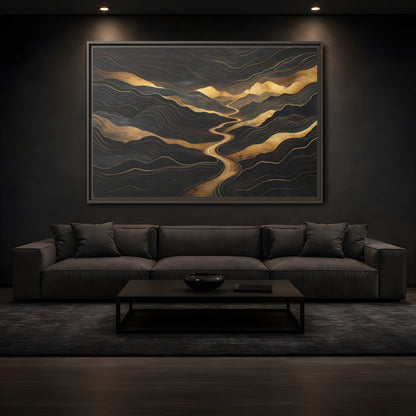 Mockup 3. Nature Abstract Mountains Black And Gold shown as stretched canvas wall art