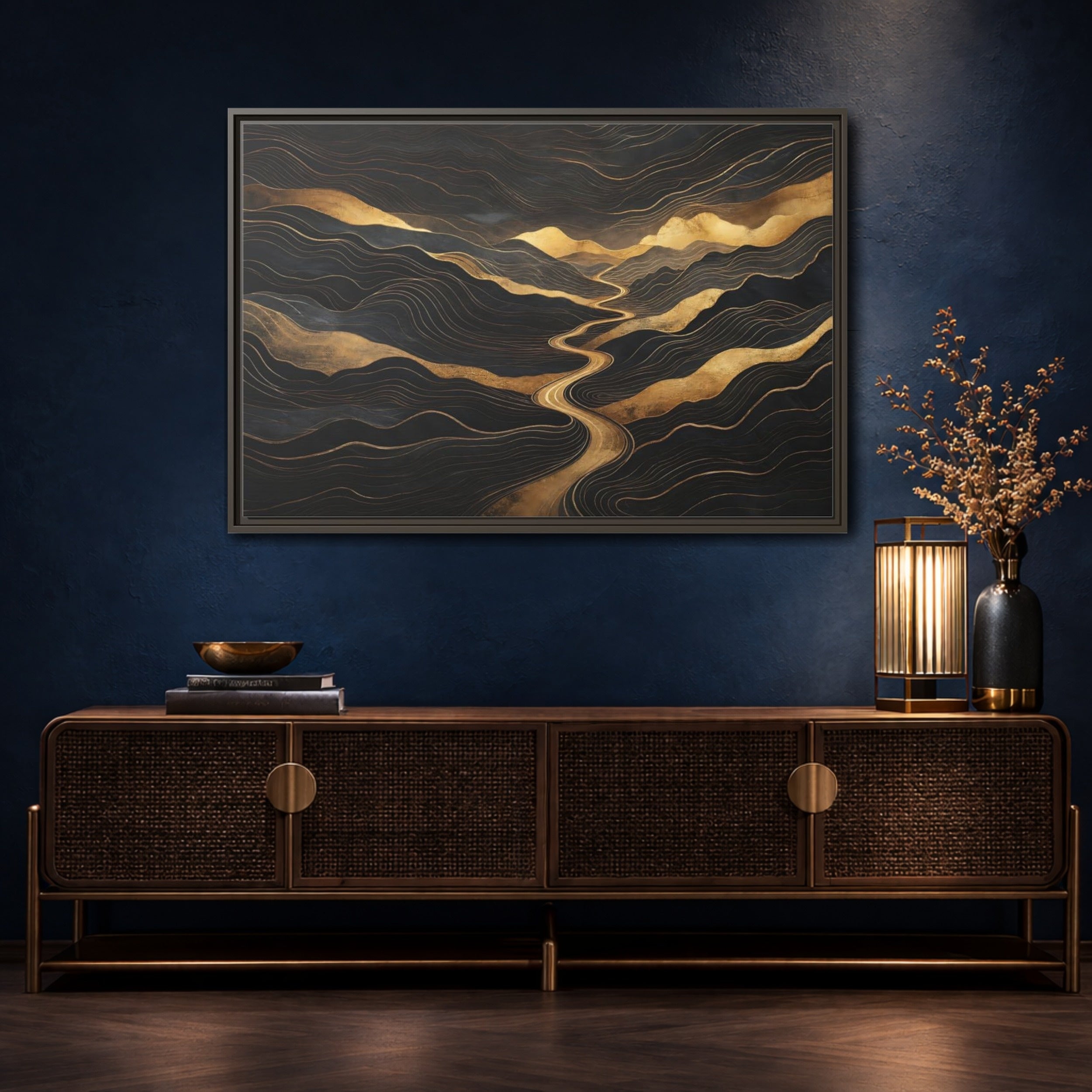 Mockup 4. Nature Abstract Mountains Black And Gold shown as stretched canvas wall art