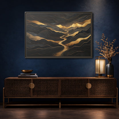 Mockup 4. Nature Abstract Mountains Black And Gold shown as stretched canvas wall art
