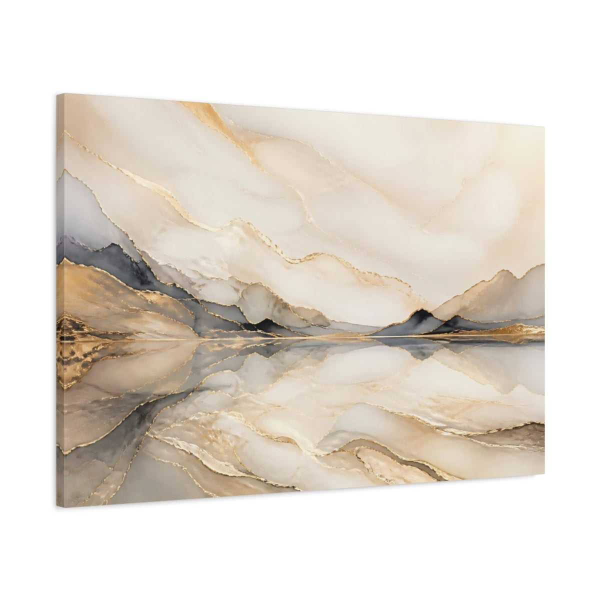 Main Mockup. Nature Abstract Mountains Gold And Gray shown as stretched canvas wall art