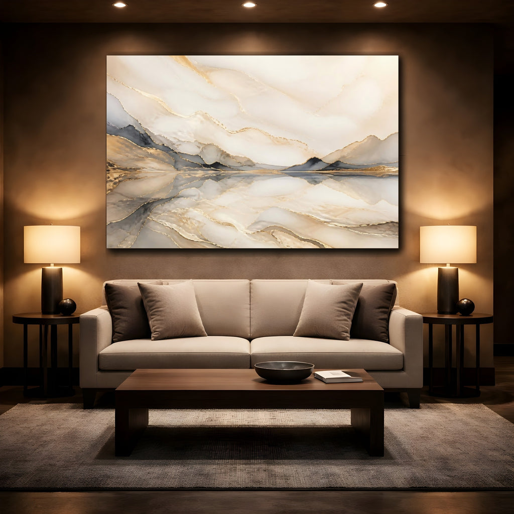 Mockup 2. Nature Abstract Mountains Gold And Gray shown as stretched canvas wall art