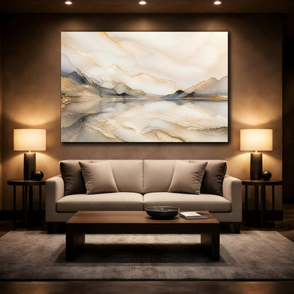 Mockup 2. Nature Abstract Mountains Gold And Gray shown as stretched canvas wall art