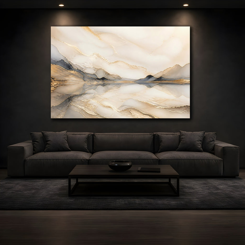 Mockup 3. Nature Abstract Mountains Gold And Gray shown as stretched canvas wall art