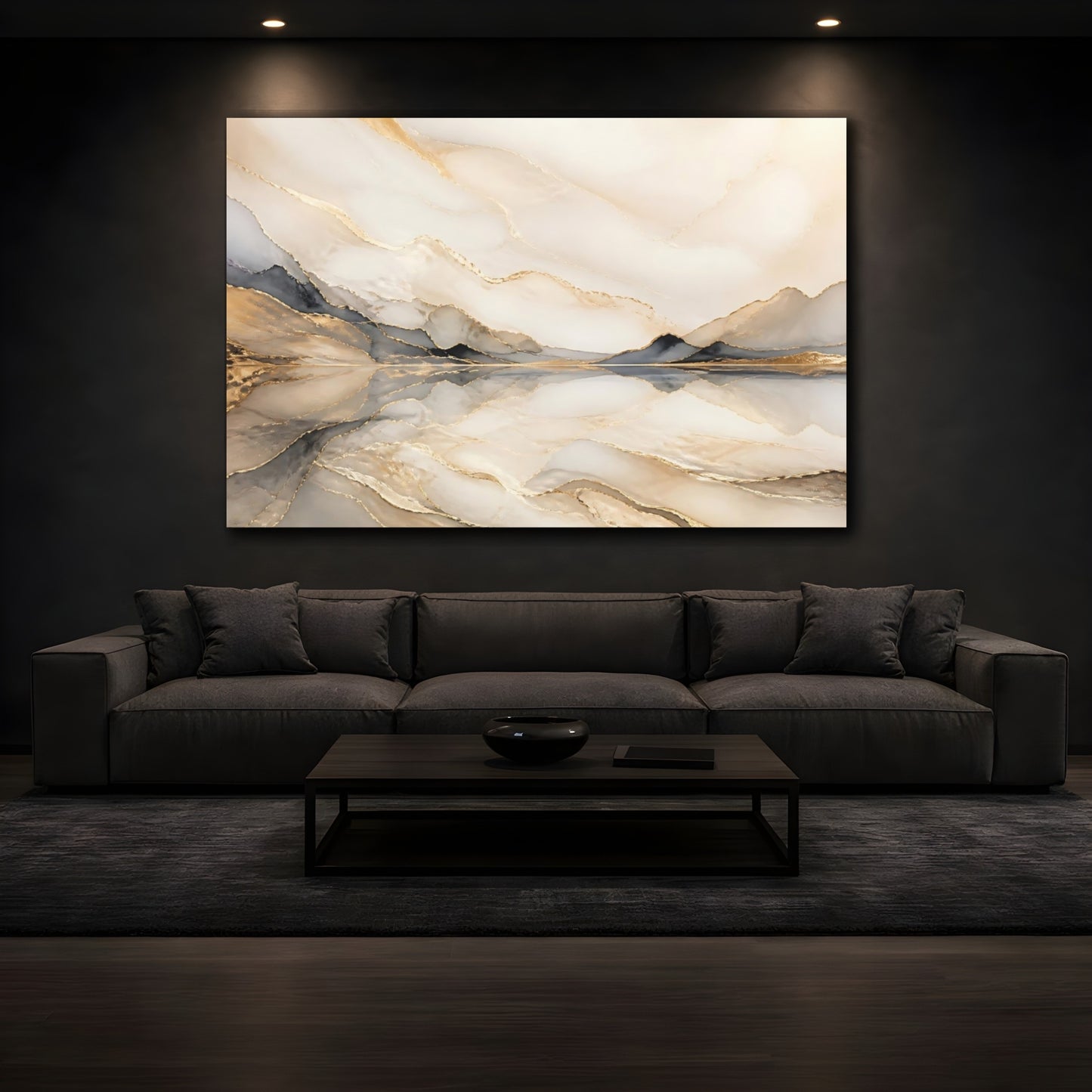 Mockup 3. Nature Abstract Mountains Gold And Gray shown as stretched canvas wall art