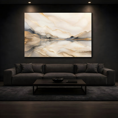 Mockup 3. Nature Abstract Mountains Gold And Gray shown as stretched canvas wall art