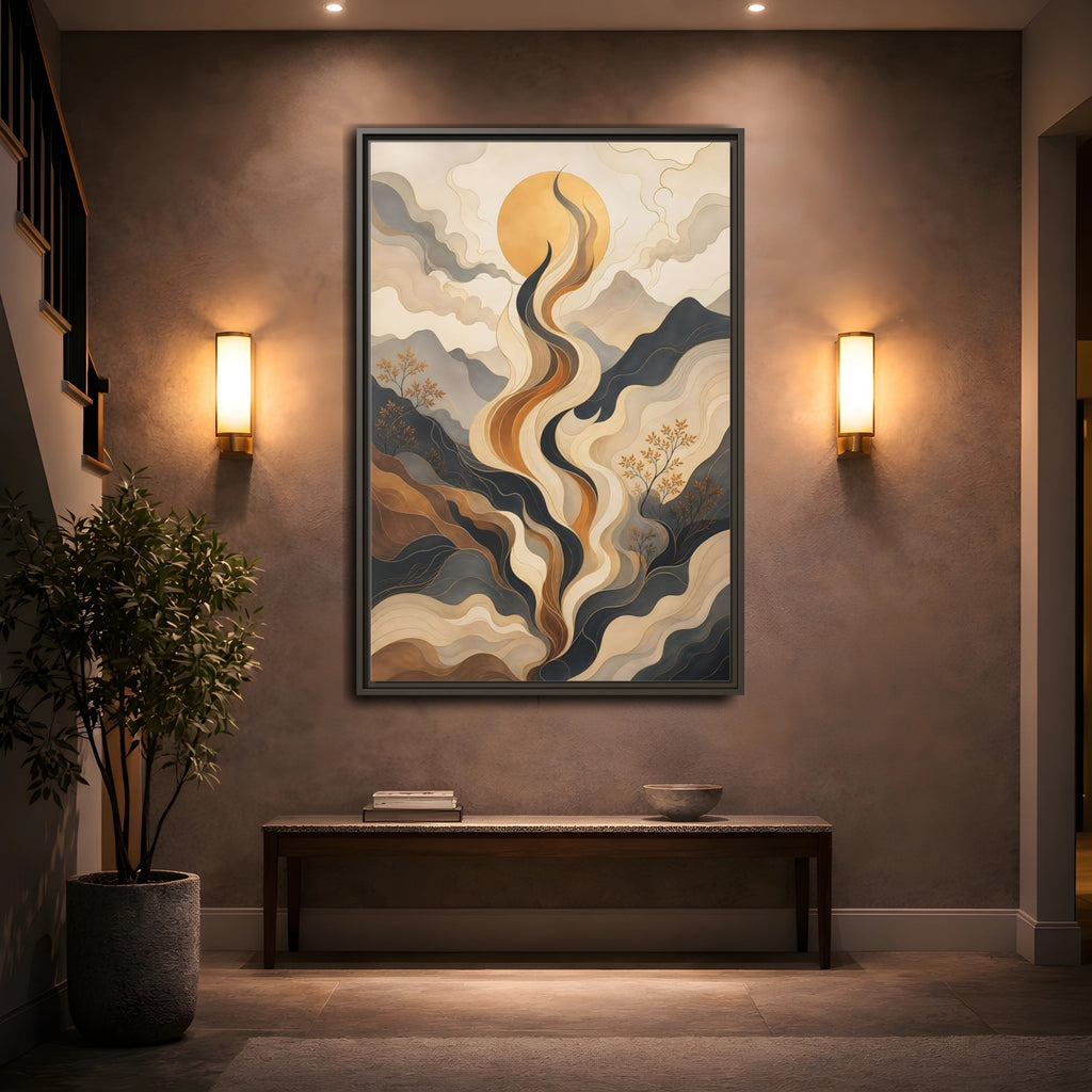 Mockup 2. Nature Abstract Mountains Gold Grey Abstract shown as stretched canvas wall art