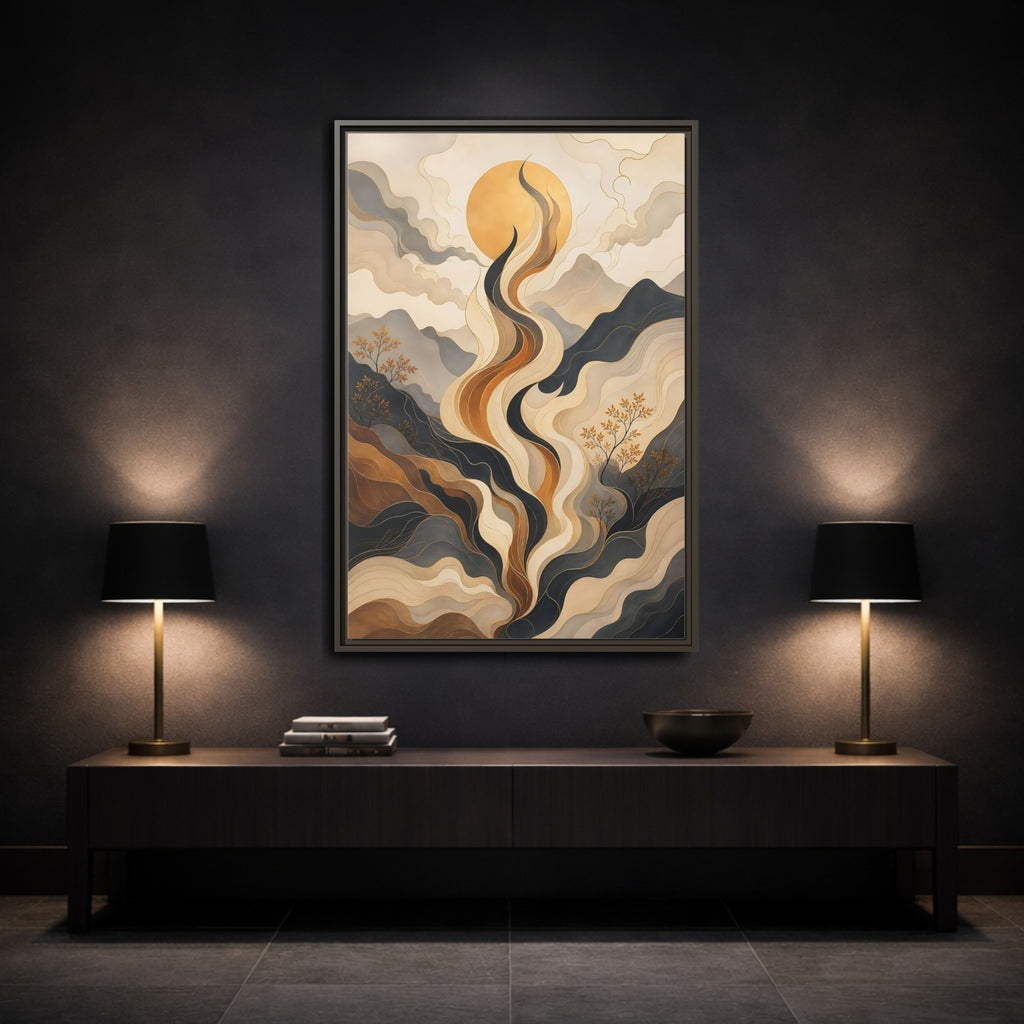 Mockup 3. Nature Abstract Mountains Gold Grey Abstract shown as stretched canvas wall art