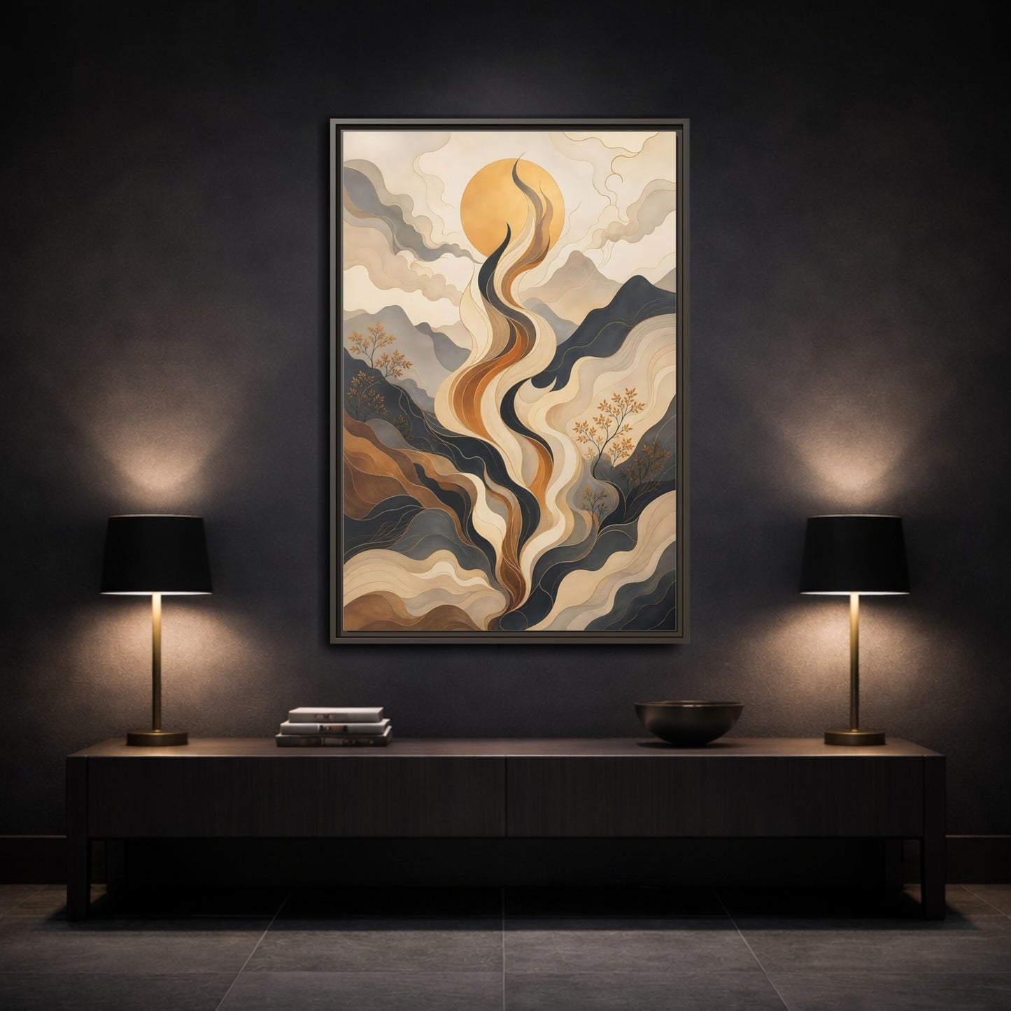Nature Abstract Mountains Gold Grey Framed Canvas Wall Art - Living Room Decor shown as canvas wall art
