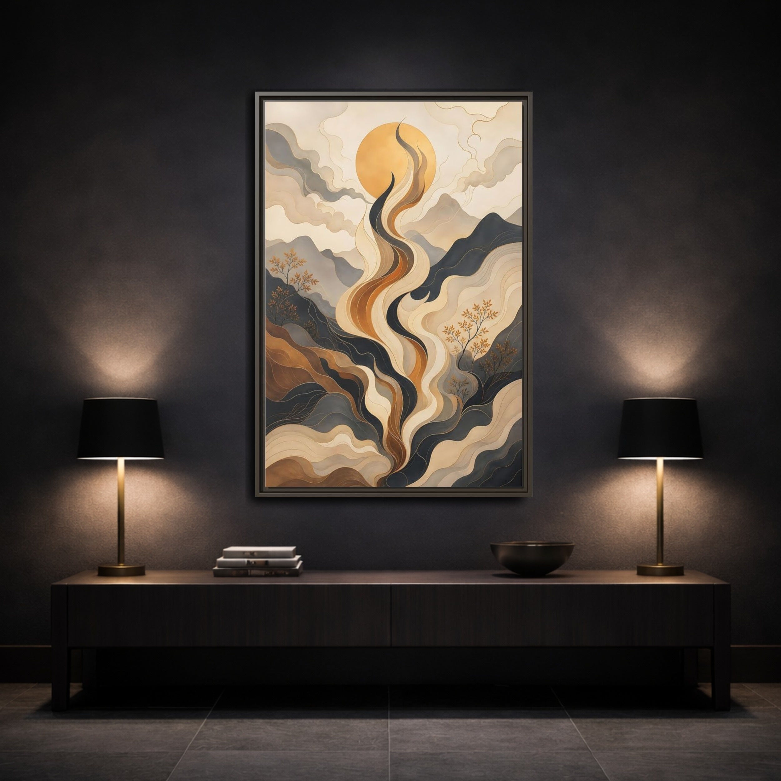 Mockup 3. Nature Abstract Mountains Gold Grey Abstract shown as stretched canvas wall art
