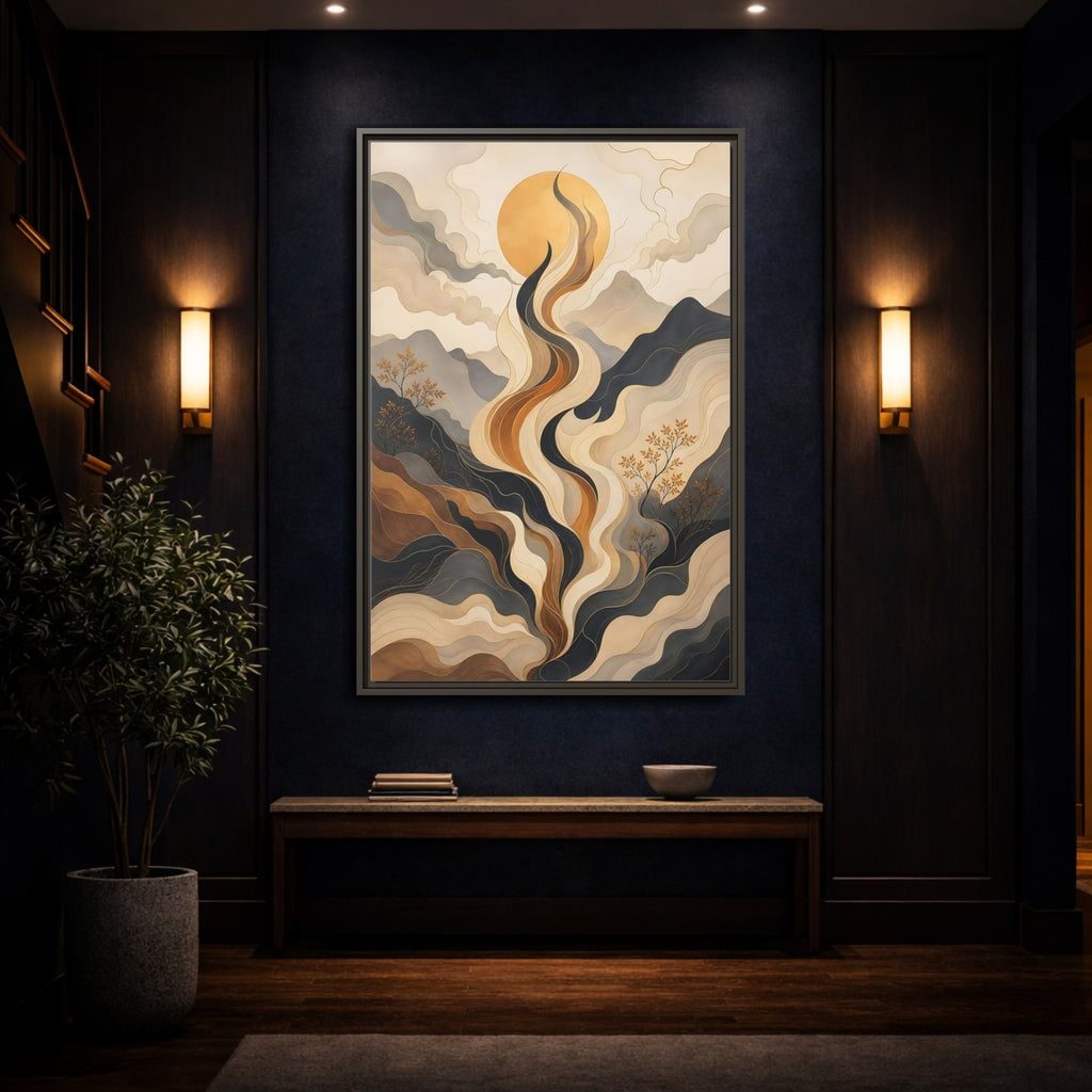 Mockup 4. Nature Abstract Mountains Gold Grey Abstract shown as stretched canvas wall art