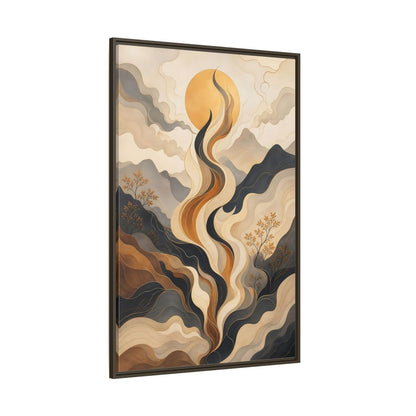 Nature Abstract Mountains Gold Grey Framed Canvas Wall Art - Living Room Decor shown as canvas wall art