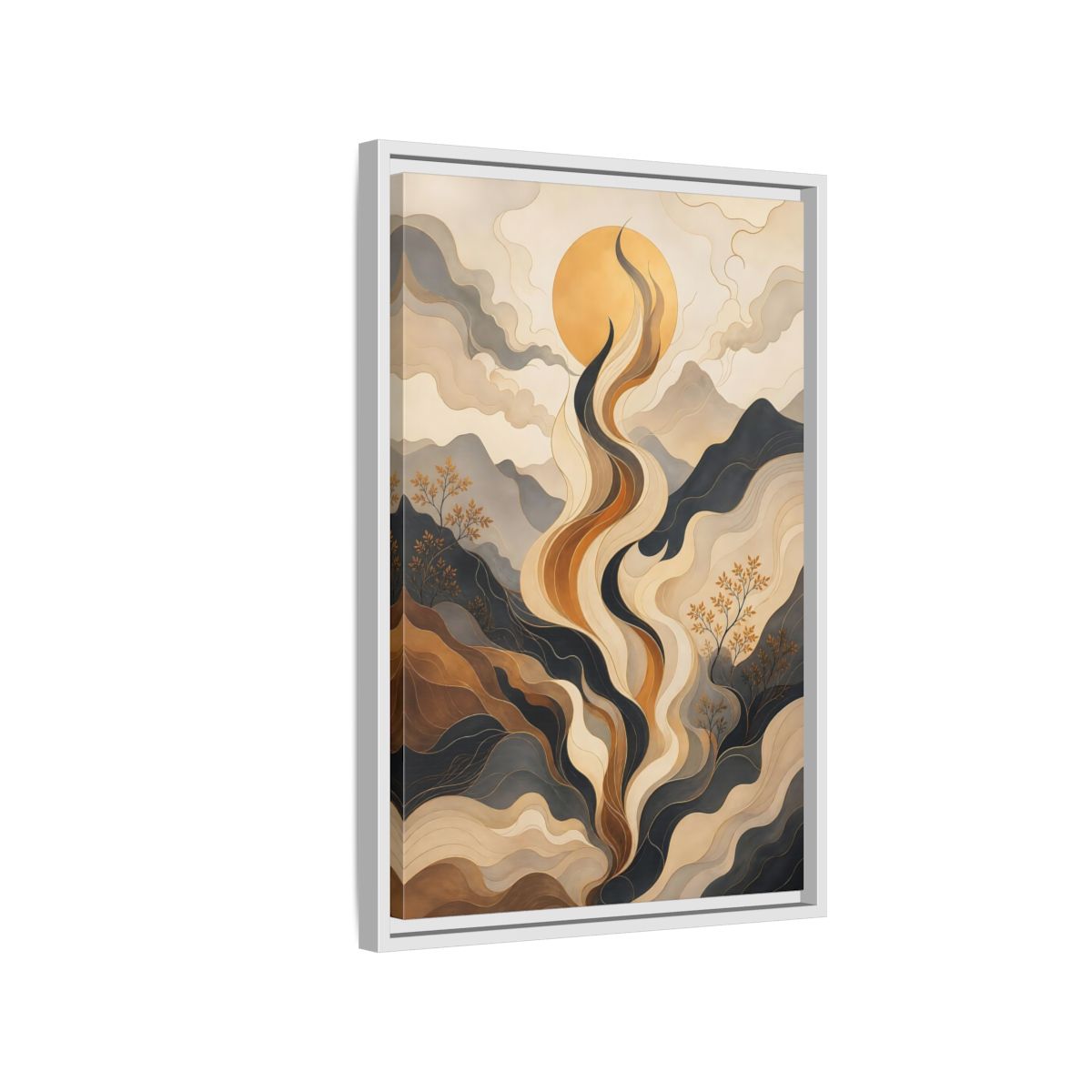 Side Mockup 1. Nature Abstract Mountains Gold Grey Abstract shown as stretched canvas wall art