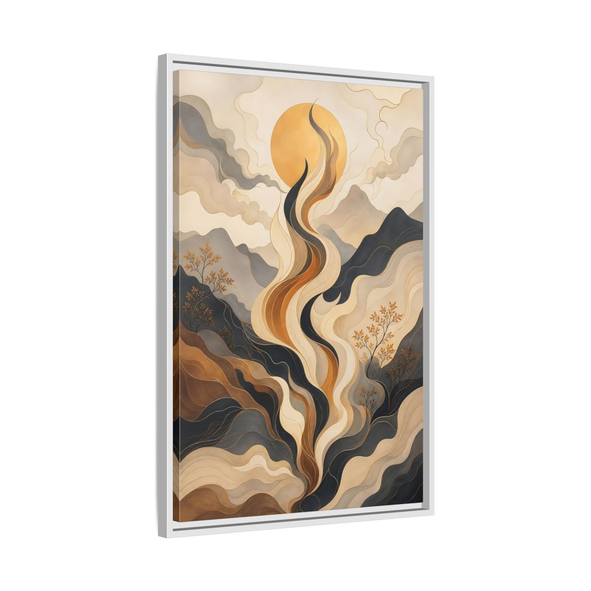 Side Mockup 10. Nature Abstract Mountains Gold Grey Abstract shown as stretched canvas wall art