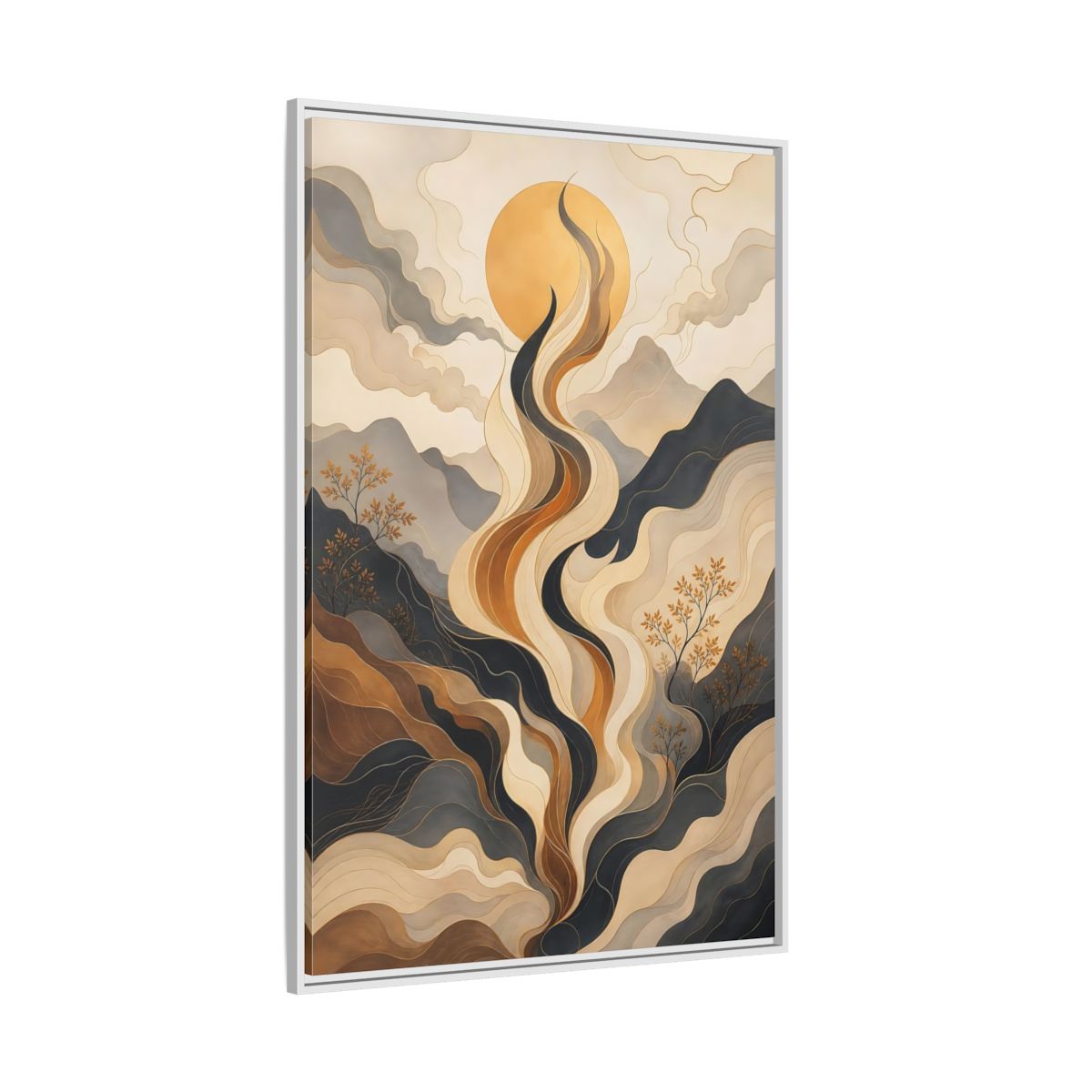 Side Mockup 7. Nature Abstract Mountains Gold Grey Abstract shown as stretched canvas wall art